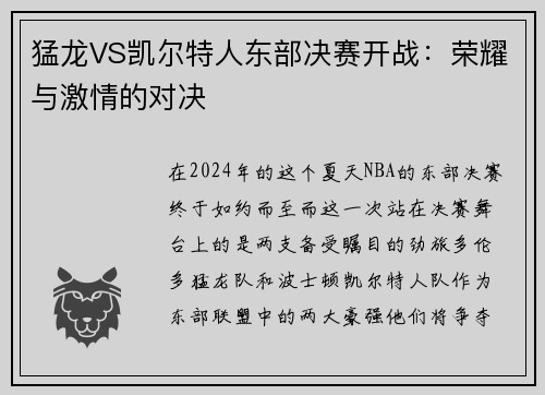 猛龙VS凯尔特人东部决赛开战：荣耀与激情的对决